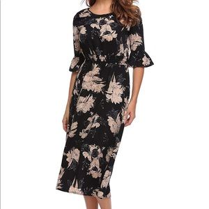 Black tan floral midi dress with bell sleeves XL